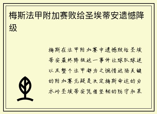 梅斯法甲附加赛败给圣埃蒂安遗憾降级