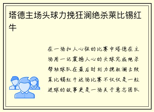 塔德主场头球力挽狂澜绝杀莱比锡红牛 塔德主场头球力挽狂澜绝杀莱比锡红牛