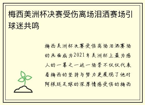 梅西美洲杯决赛受伤离场泪洒赛场引球迷共鸣